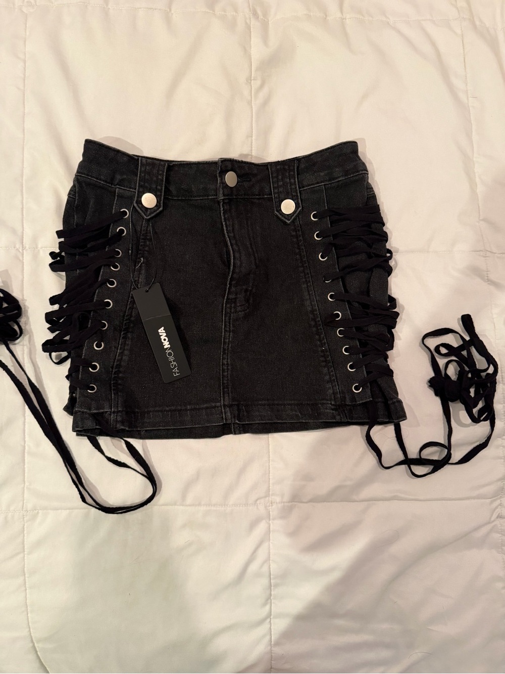 Fashion Nova Black Lace-Up Side Denim Mini Skirt